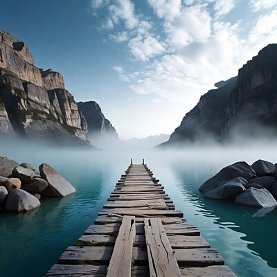 Wooden pier into turquoise lake mountains