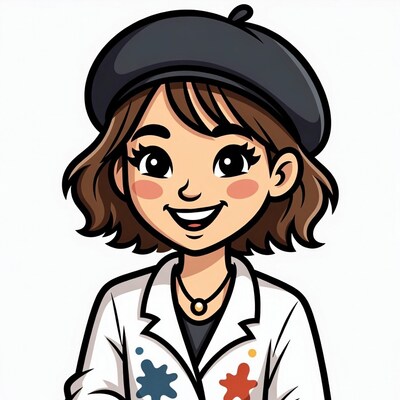 Cartoon girl in lab coat with paint splatters