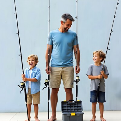 Father and two boys holding fishing rods