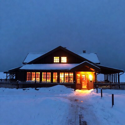 Cozy Wooden Cabin in Snowy Night