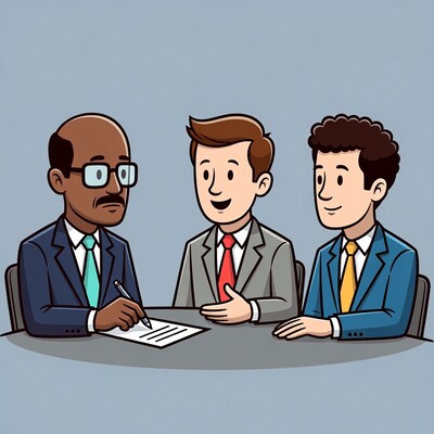 Three businessmen signing document at meeting