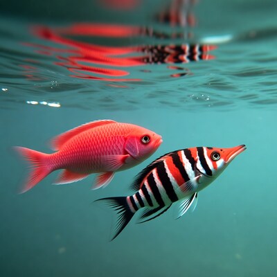 Red Cichlid and Striped Fish Underwater