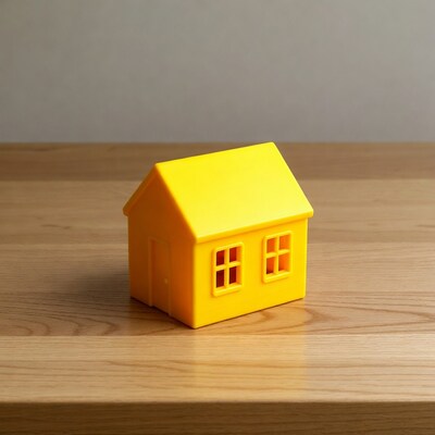 Yellow plastic toy house on table