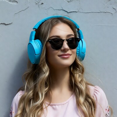Woman wearing blue headphones sunglasses