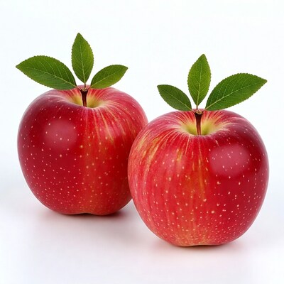 Two Red Apples with Leaves
