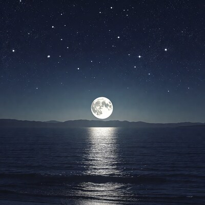 Full Moon Over Ocean and Mountains