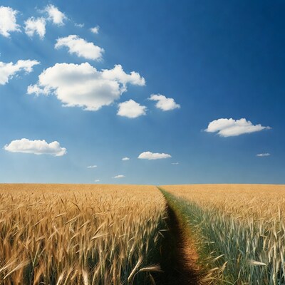 Wheat Field Path Under Blue Sky