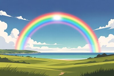 Rainbow over green fields and ocean