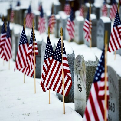 American Flags on Snowy Graves