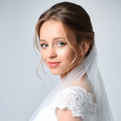 Bride with lace wedding dress and veil