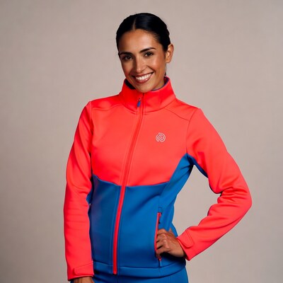 Smiling woman in orange blue jacket