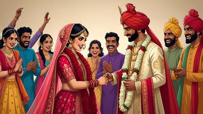 Indian Bride Groom Wedding Celebration Illustration