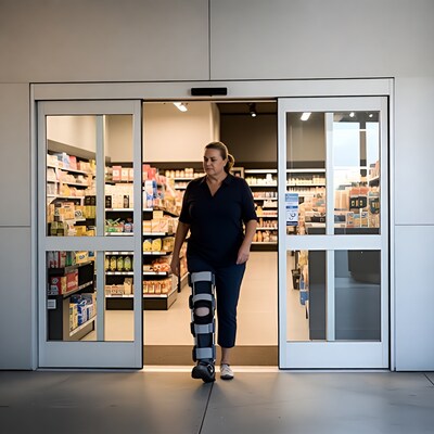 Woman with leg brace exiting supermarket