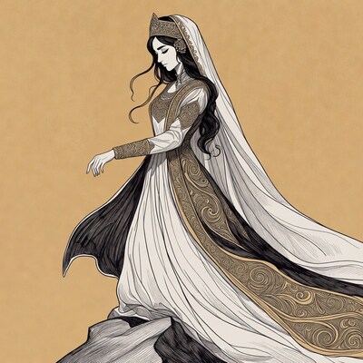Persian woman in ornate gown on rock