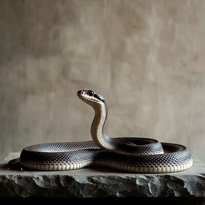 Black rat snake coiled on rock