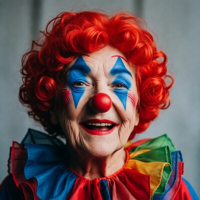 Elderly woman in clown costume smiling
