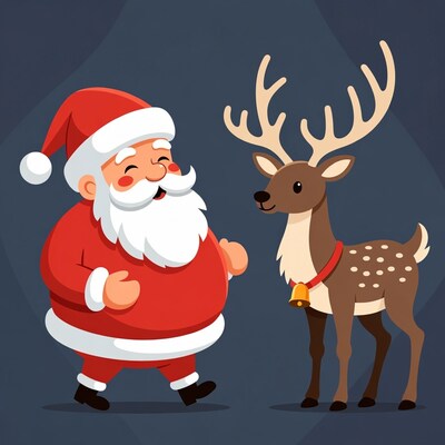 Santa Claus walking with reindeer