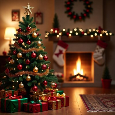 Christmas Tree with Gifts by Fireplace