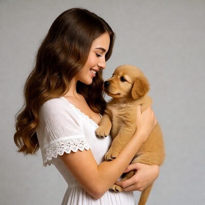 Woman holding golden retriever puppy