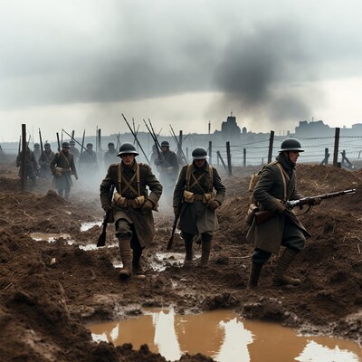 World War I Soldiers Marching in Muddy Trenches