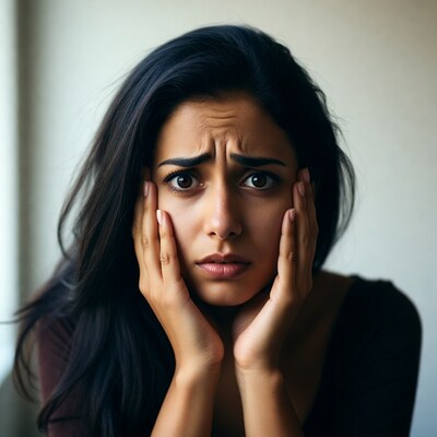 Worried woman hands on face