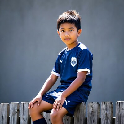 Asian boy in blue soccer uniform on fence