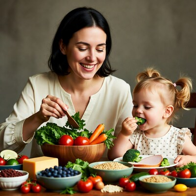 Mother feeding toddler broccoli at healthy table