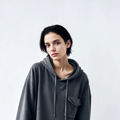 Woman in gray oversized hoodie