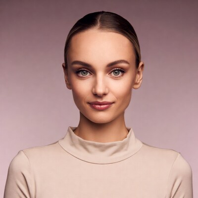Woman with ponytail smiling on pink background