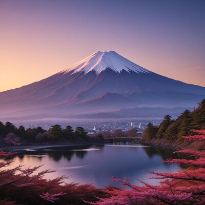 Mount Fuji with Cherry Blossoms and Lake