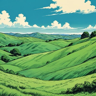 Green Rolling Hills Landscape Illustration