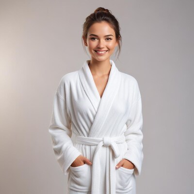 Smiling woman in white bathrobe