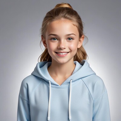 Smiling girl in blue hoodie ponytail