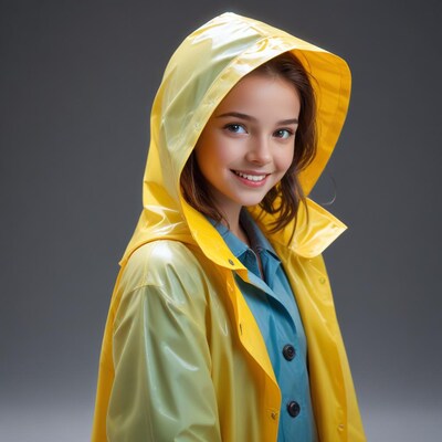 Girl smiling in yellow raincoat hood