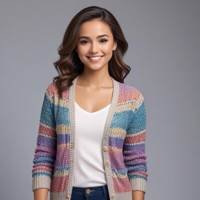 Smiling woman in colorful cardigan