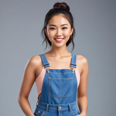 Asian woman in blue overalls smiling