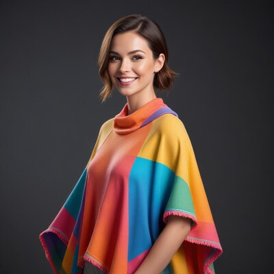 Woman smiling in colorful poncho