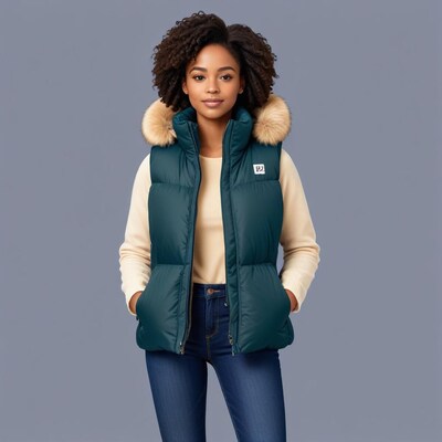 African-American woman in teal fur hood vest