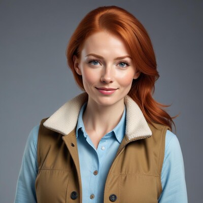 Redhead woman in blue shirt and vest