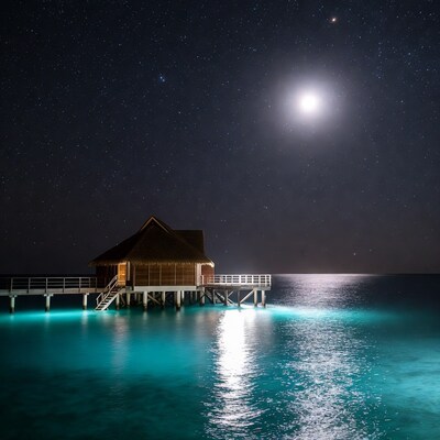 Overwater bungalow under starry night sky