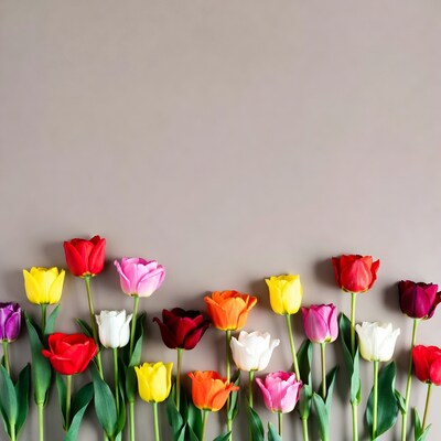 Colorful Tulips on Gray Background