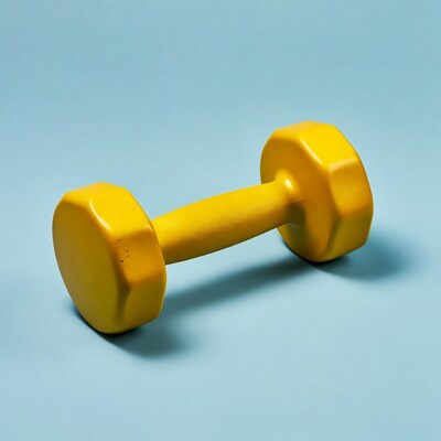 Yellow dumbbell on blue background