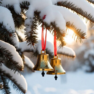 Golden bells hanging on snowy Christmas tree