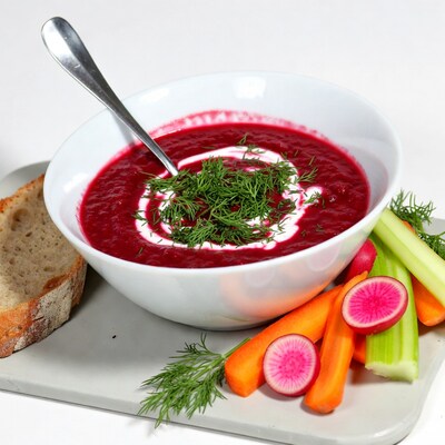 Beet Soup with Spoon and Veggies