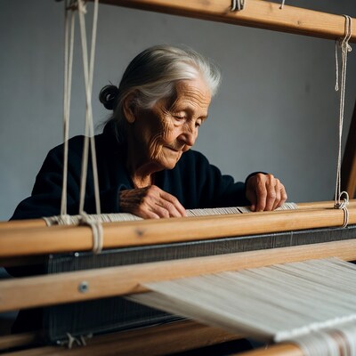 Elderly woman weaving on loom