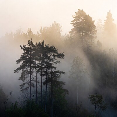 Pine Forest in Morning Fog