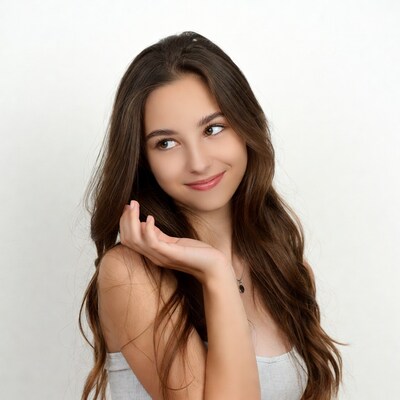 Young woman smirking with hand on face