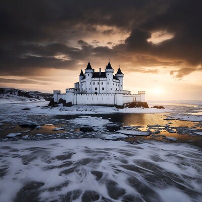 White Castle on Snowy Island at Sunset