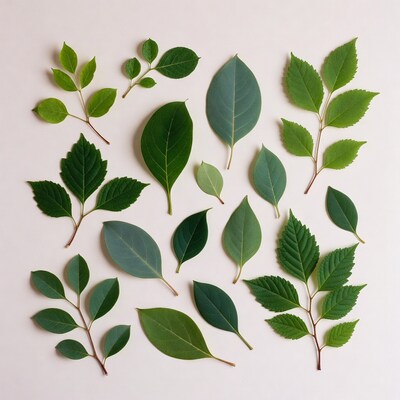 Assortment of Green Leaves on White Background