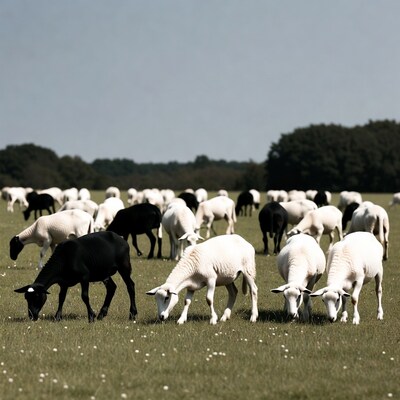 Herd of white and black sheep grazing